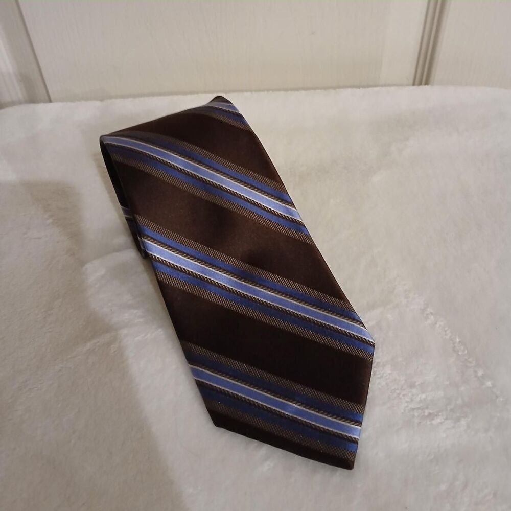 MICHAEL Michael Kors Brown blue white striped 100% silk neck tie old money
